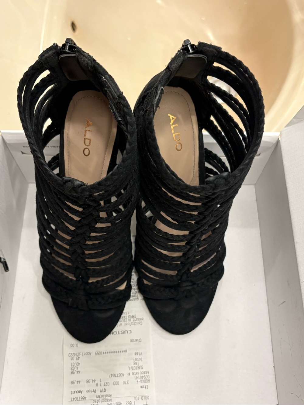 2 ALDO Braided Cage High-Heel Sandals (black & beige)